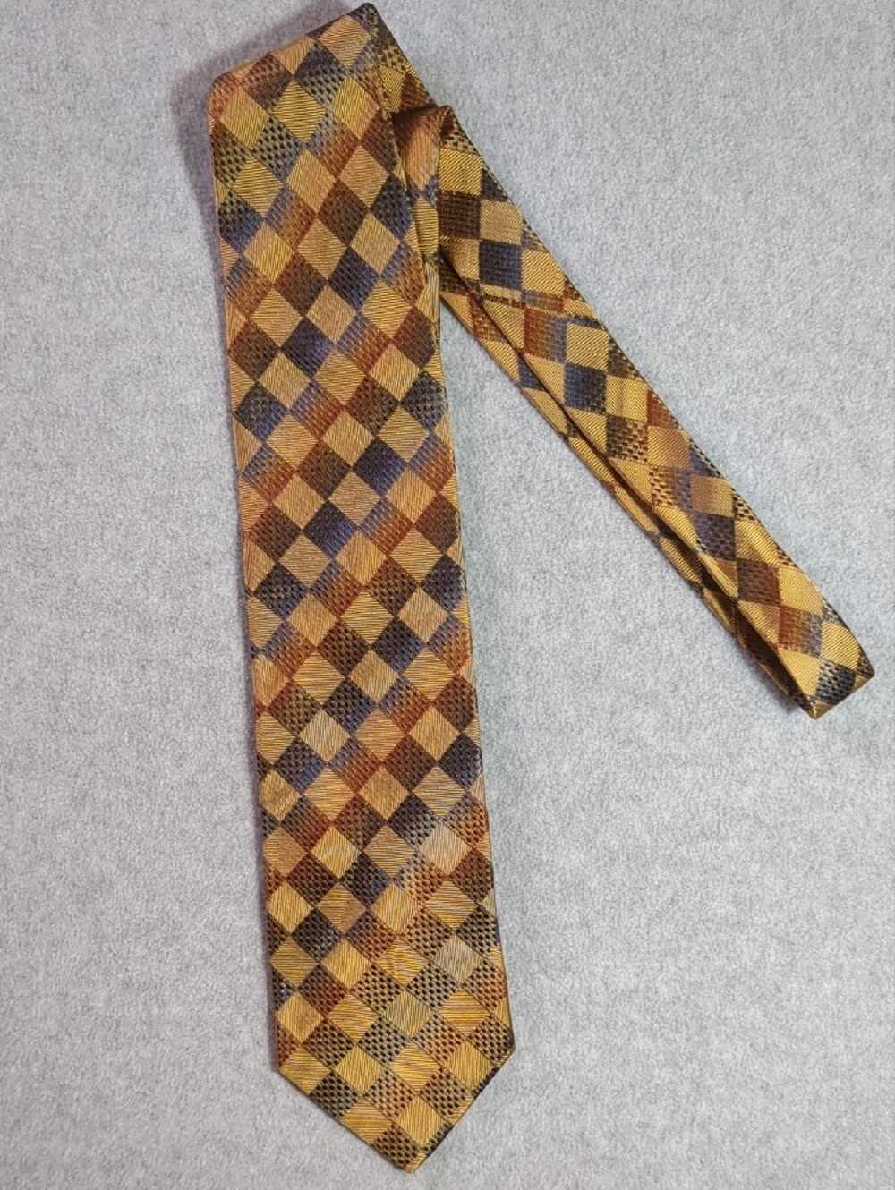 Pronto Uomo Silk Tie 4" Wide Gold Brown Blue Diamond Geometric Made in Italy